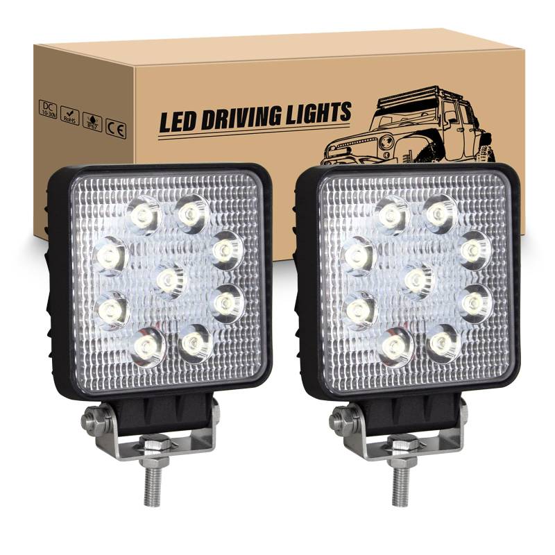 RIGIDON 2 Pcs LED Scheinwerfer 4" 10cm 27W LED Arbeitsscheinwerfer Quadrat 12V 24V Spotlight Zusatzscheinwerfer Auto Wasserdicht für Offroad Traktor SUV ATV LKW 4x4, 6000K Weiß Rückfahrscheinwerfer von RIGIDON