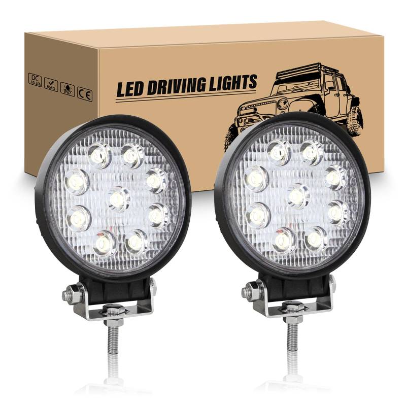 RIGIDON 2 Pcs LED Scheinwerfer 4" 10cm 27W LED Arbeitsscheinwerfer Rund 12V 24V Flutlicht Zusatzscheinwerfer Auto Wasserdicht für Offroad Traktor SUV ATV LKW 4x4, 6000K Weiß Rückfahrscheinwerfer von RIGIDON