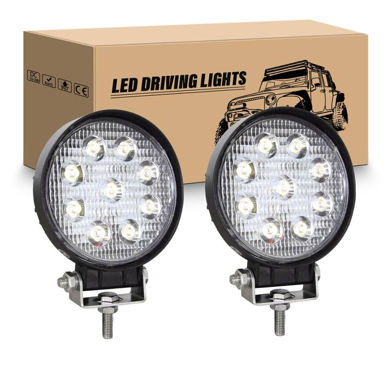 RIGIDON 2 Pcs LED Scheinwerfer 4" 10cm 27W LED Arbeitsscheinwerfer Rund 12V 24V Spotlight Zusatzscheinwerfer Auto Wasserdicht für Offroad Traktor SUV ATV LKW 4x4, 6000K Weiß Rückfahrscheinwerfer von RIGIDON