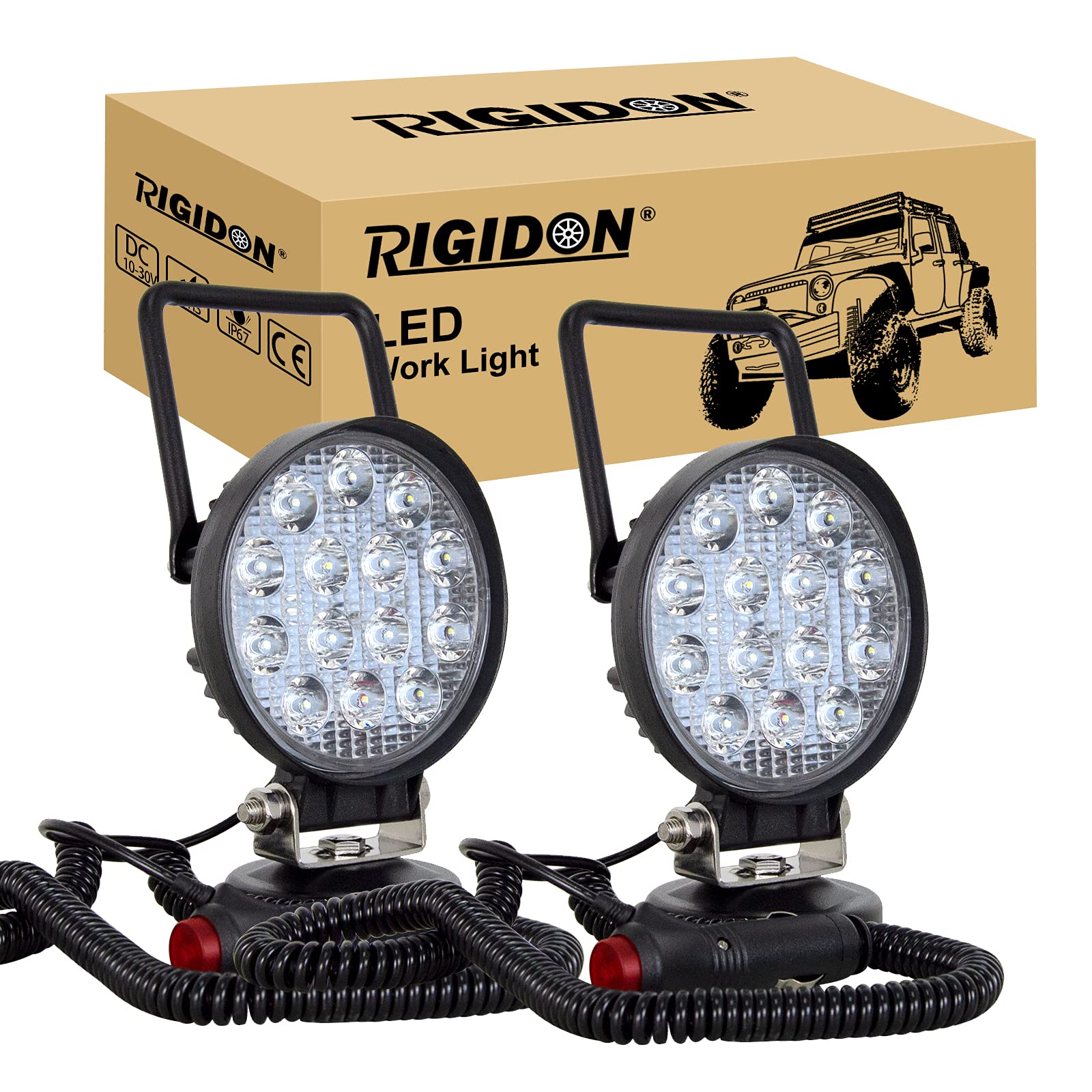 RIGIDON 2 Pcs Led arbeitsscheinwerfer mit magnetfuß, 12V 24V 4 Zoll 10cm 42W led Spot Strahler, offroad beleuchtung für Auto SUV ATV, Traktor, LKW, 4x4, Boot,6000K led suchscheinwerfer, arbeitslicht von RIGIDON