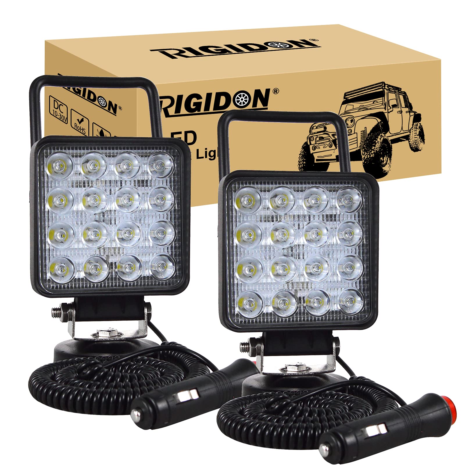 RIGIDON 2 Pcs Led arbeitsscheinwerfer mit magnetfuß, 4 Zoll 10cm 48W 12V 24V led Spot Strahler, offroad beleuchtung für Auto SUV ATV, Traktor, LKW, 4x4, Boot,6000K led suchscheinwerfer, arbeitslicht von RIGIDON