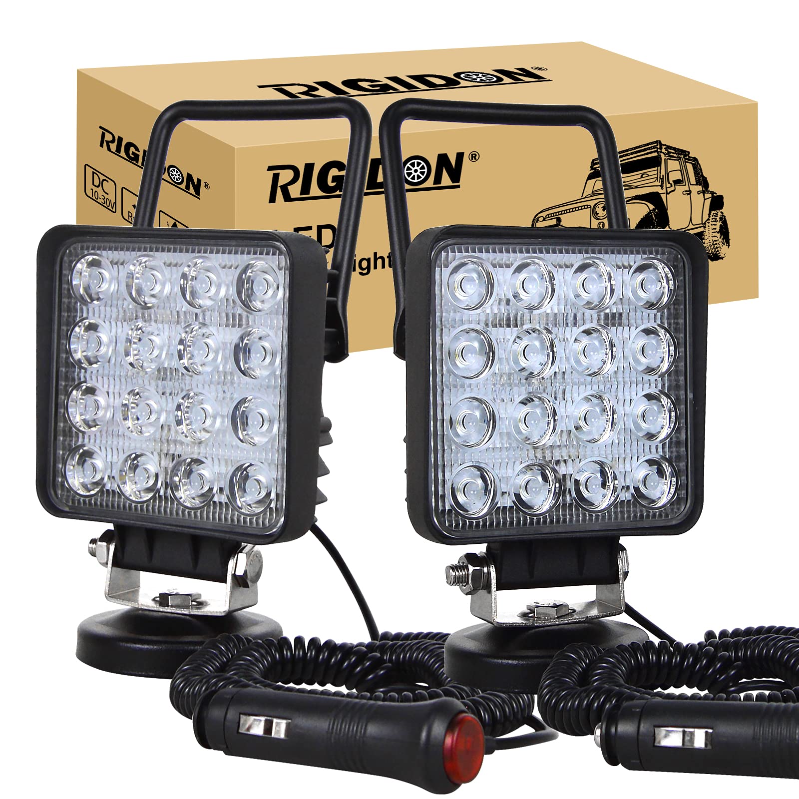 RIGIDON 2 Pcs Led arbeitsscheinwerfer mit magnetfuß, 4 Zoll 10cm 48W 12V 24V led flutstrahler, offroad beleuchtung für Auto SUV ATV, Traktor, LKW, 4x4, Boot,6000K led suchscheinwerfer, arbeitslicht von RIGIDON