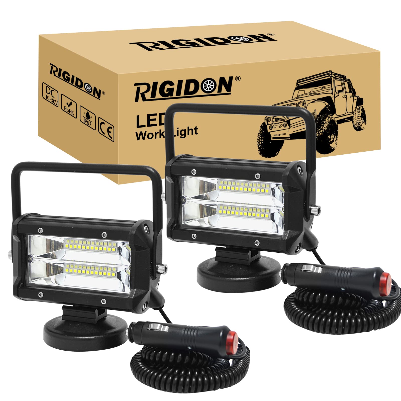 RIGIDON 2 Pcs Led arbeitsscheinwerfer mit magnetfuß, 5 Zoll 13cm 72W 12V 24V led flutstrahler, offroad beleuchtung für Auto SUV ATV, Traktor, LKW, 4x4, Boot,6000K led suchscheinwerfer, arbeitslicht von RIGIDON