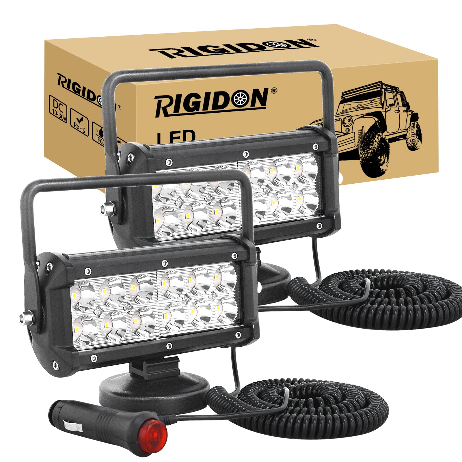 RIGIDON 2 Pcs Led arbeitsscheinwerfer mit magnetfuß, 7 Zoll 18cm 36W 12V 24V led Spot Strahler, offroad beleuchtung für Auto SUV ATV, Traktor, LKW, 4x4, Boot,6000K led suchscheinwerfer, arbeitslicht von RIGIDON