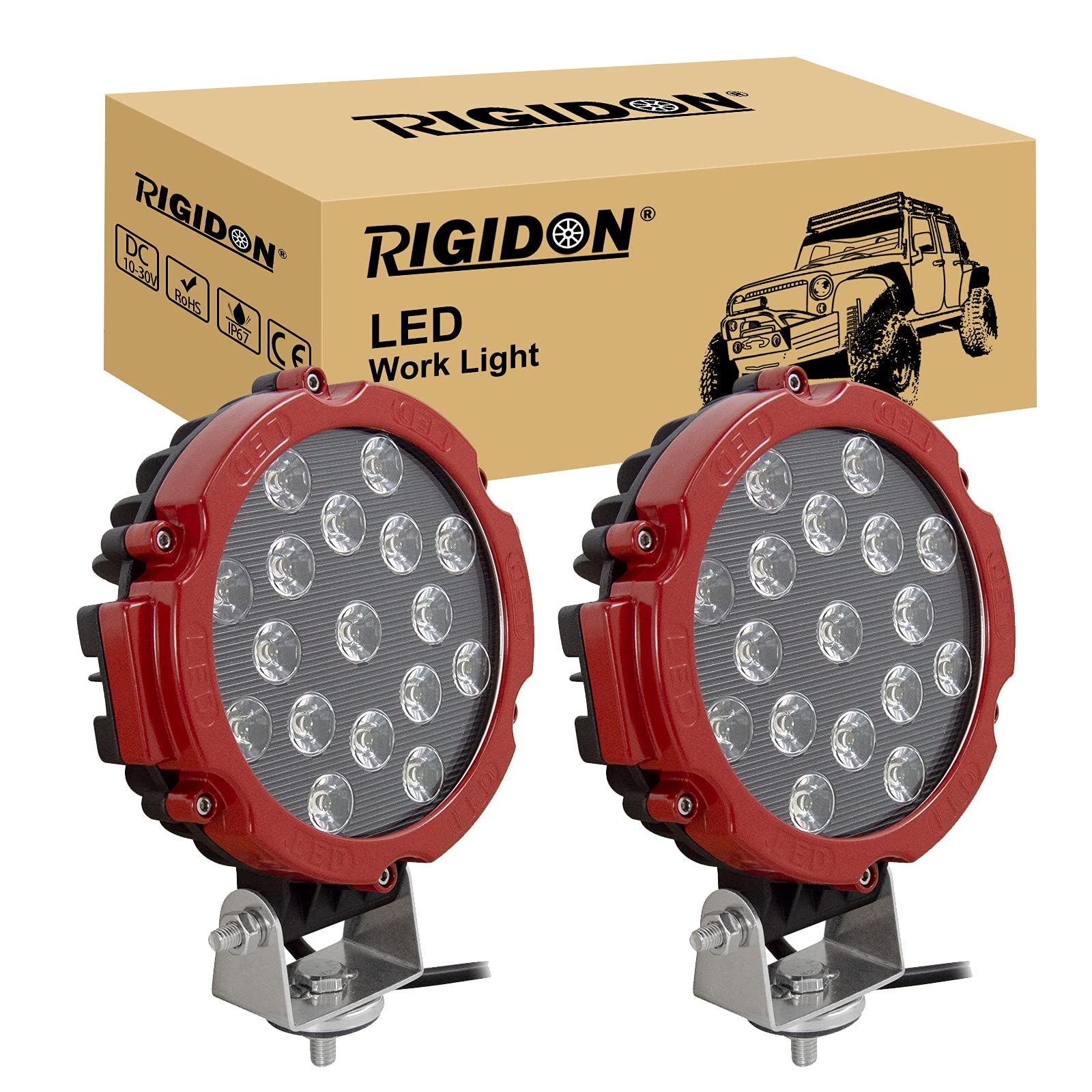 RIGIDON 2 Pcs Rot Auto rund scheinwerfer, 12V 24V 7 Zoll 18cm 51W led flutstrahler, offroad beleuchtung für SUV ATV, Traktor, LKW, 4x4 6000K led nebelscheinwerfer, led arbeitsscheinwerfer von RIGIDON