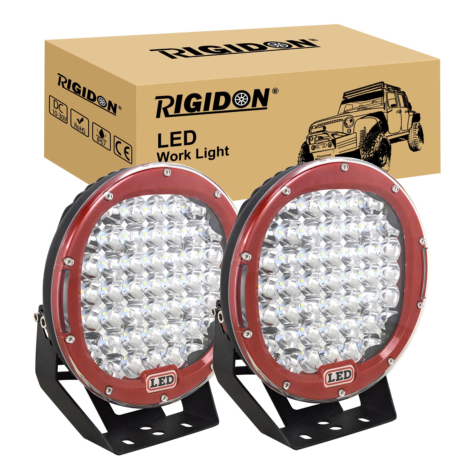 RIGIDON 2 Pcs Rot Auto rund Scheinwerfer, 9 Zoll 23cm 225W led Spot Strahler, Offroad Beleuchtung für SUV ATV, Traktor, LKW, 4x4 6000K led nebelscheinwerfer, led arbeitslicht arbeitsscheinwerfer von RIGIDON