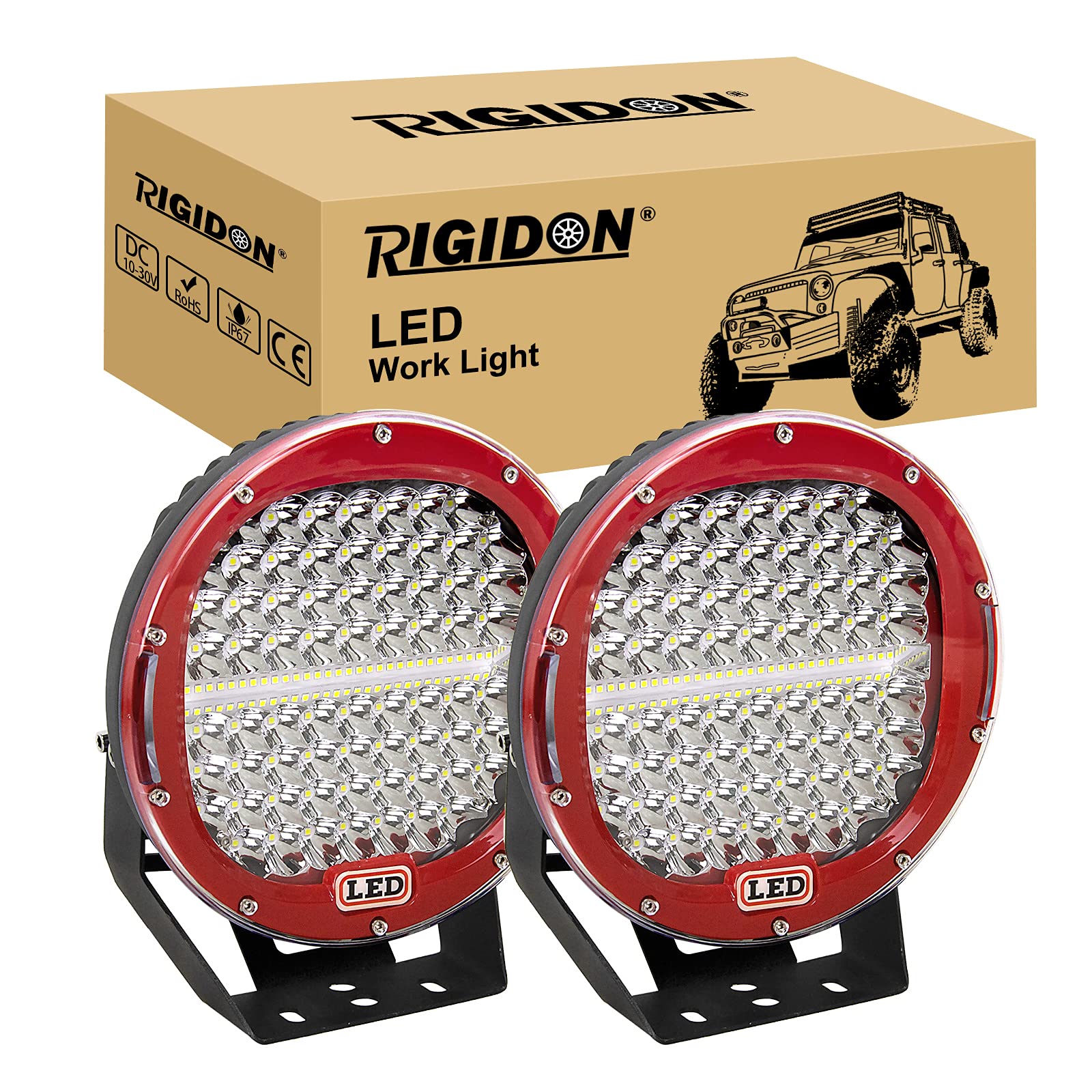 RIGIDON 2 Pcs Rot Auto rund scheinwerfer, 9 Zoll 23cm 294W led Spot Strahler, offroad beleuchtung für SUV ATV, Traktor, LKW, 4x4 6000K led nebelscheinwerfer, led arbeitslicht arbeitsscheinwerfer von RIGIDON