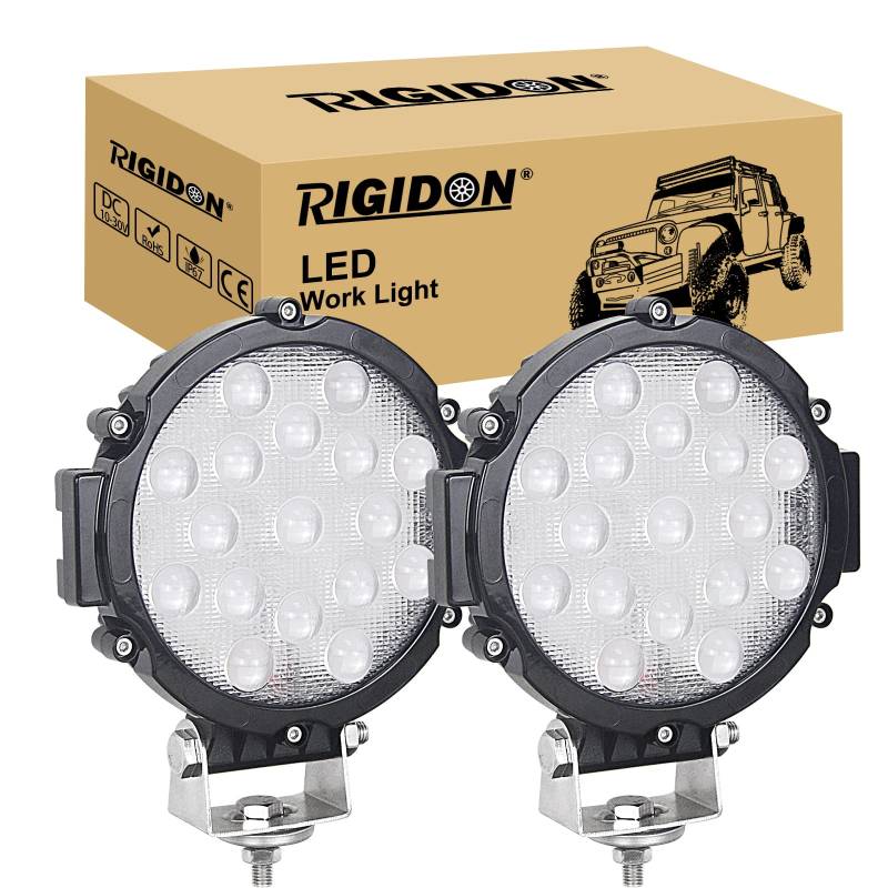 RIGIDON 2 Pcs Schwarz Auto Rund Scheinwerfer, 12V 24V 7 Zoll 18cm 51W LED Spot Strahler, Offroad Beleuchtung für SUV ATV, Traktor, LKW, 4x4 6000K Nebelscheinwerfer, Arbeitsscheinwerfer von RIGIDON