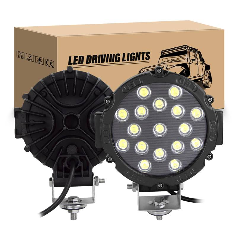 RIGIDON 2 Pcs led arbeitsscheinwerfer, 7 Zoll 18cm 51W Rund led Flutlicht Off Road Lights Scheinwerfer 12V Rückfahrscheinwerfer für Auto ATV SUV Traktor LKW 4x4 6000K Weiß nebelscheinwerfer Schwarz von RIGIDON