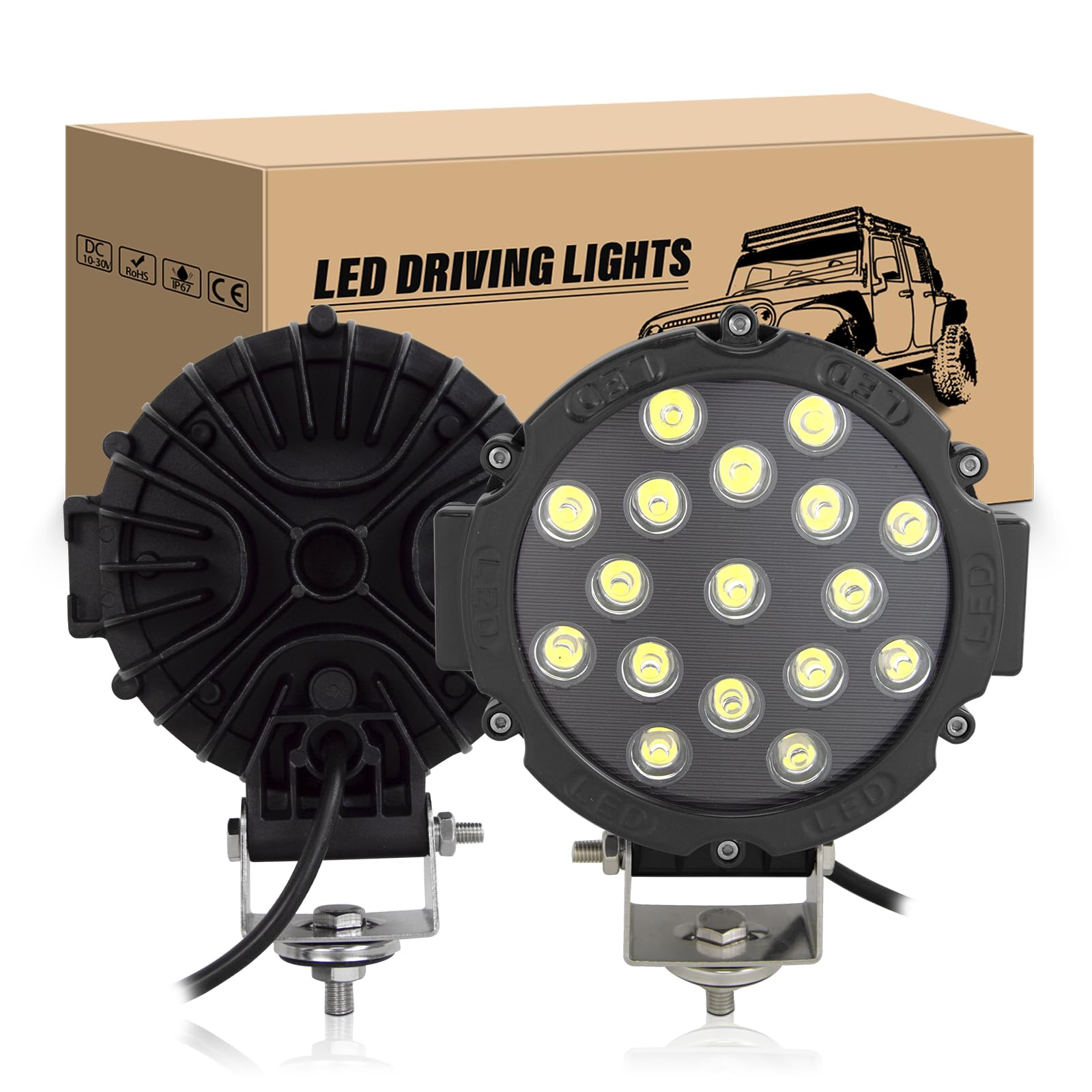 RIGIDON 2 Pcs led arbeitsscheinwerfer, 7 Zoll 18cm 51W Rund led Spot Off Road Lights Scheinwerfer 12V Rückfahrscheinwerfer für Auto ATV SUV Traktor LKW 4x4 6000K led nebelscheinwerfer Schwarz von RIGIDON