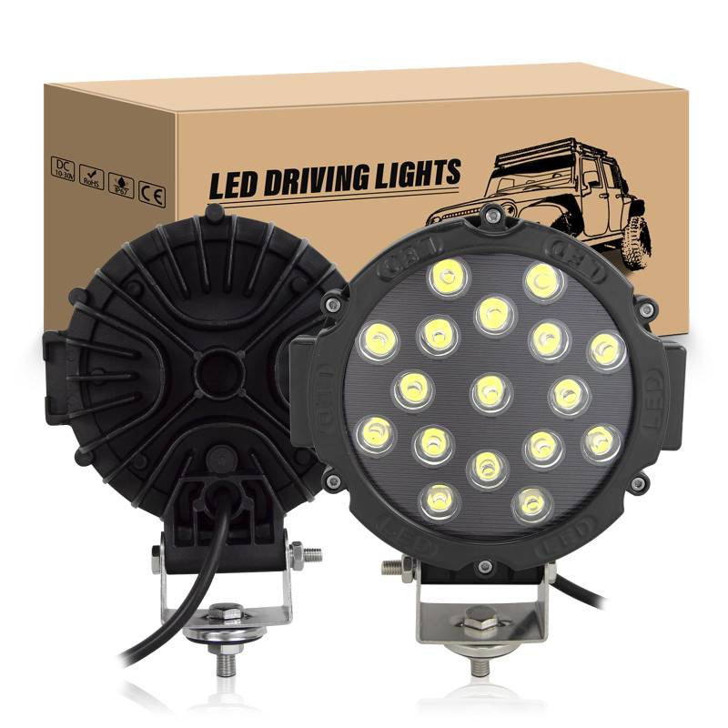 RIGIDON 2 Pcs led arbeitsscheinwerfer, 7 Zoll 18cm 51W Rund led Spot Off Road Lights Scheinwerfer 12V Rückfahrscheinwerfer für Auto ATV SUV Traktor LKW 4x4 6000K Weiß nebelscheinwerfer Schwarz von RIGIDON