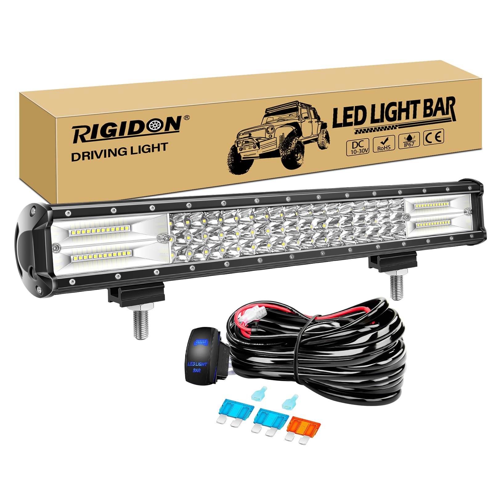 RIGIDON 20 Zoll 50cm 288W wasserdichte Led lichtleiste kfz mit 12v kabelbaum kit, Offroad Beleuchtung bar für Auto SUV ATV, LKW 4x4, Fahrzeuge, 6000K Weiß led nebelscheinwerfer, Led Work Light Bar RIGIDON 20 Zoll 50cm 288W wasserdichte Led lichtleiste kfz mit 12v kabelbaum kit, Offroad Beleuchtung bar für Auto SUV ATV, LKW 4x4, Fahrzeuge, 6000K Weiß led nebelscheinwerfer, Led Work Light Bar von RIGIDON