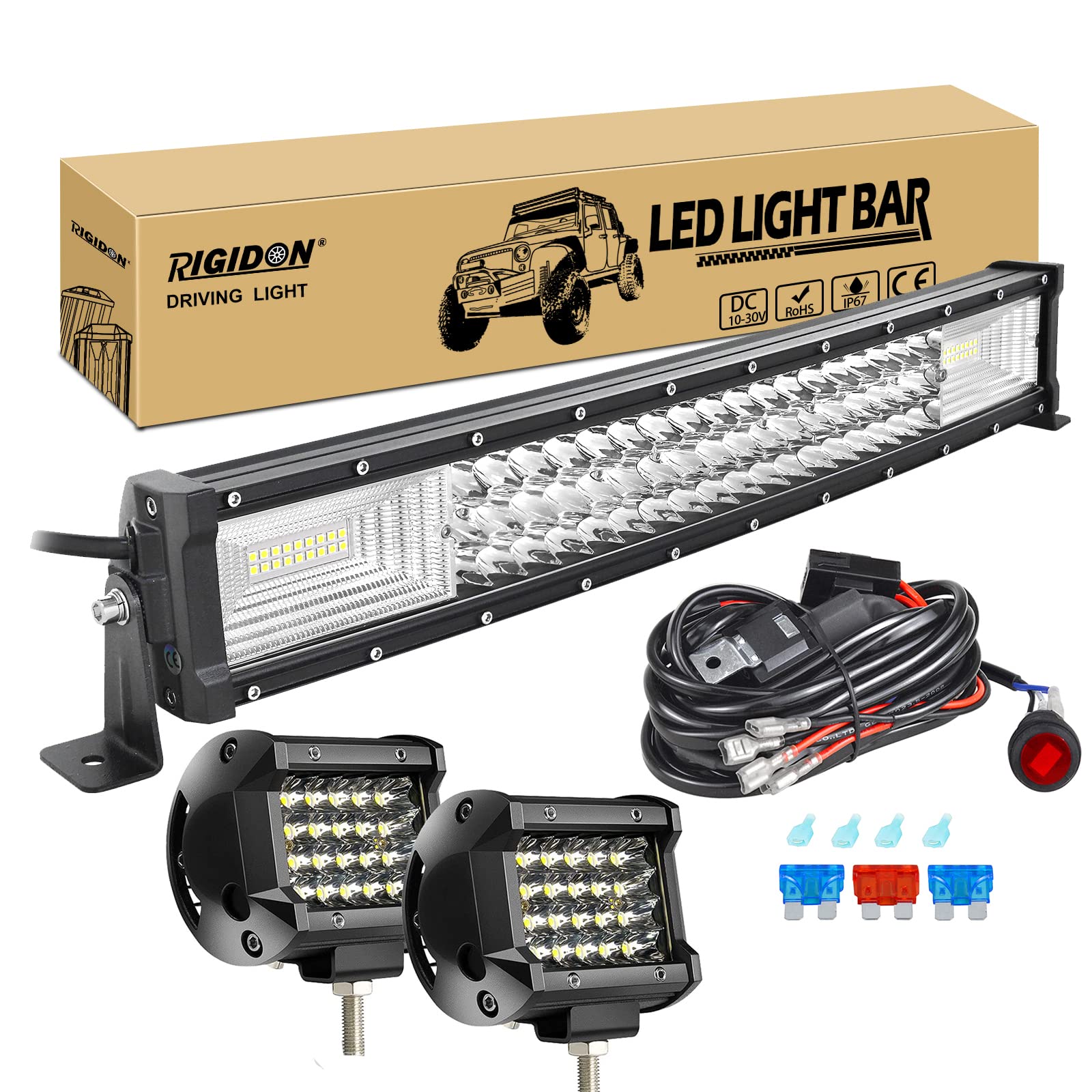 RIGIDON 22 Zoll 55 cm 270W gebogene led lichtleiste mit 12v kabelbaum kit, 2x 4 zoll spot led arbeitsscheinwerfer, Wasserdicht warmweiß offroad beleuchtung für Auto Offroad LKW KFZ Traktor 4x4, 6000K von RIGIDON