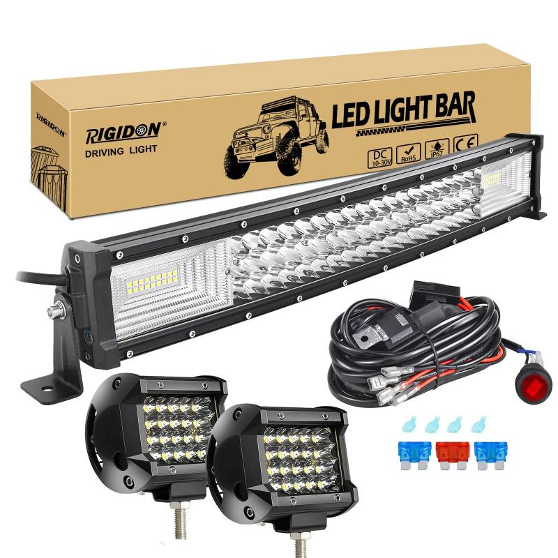 RIGIDON 22 Zoll 55 cm 270W Gebogene led lichtleiste mit 12v kabelbaum kit, 2X 4 Zoll Spot led arbeitsscheinwerfer, Wasserdicht warmweiß Offroad Beleuchtung für Auto Offroad LKW KFZ Traktor 4x4, 6000K von RIGIDON