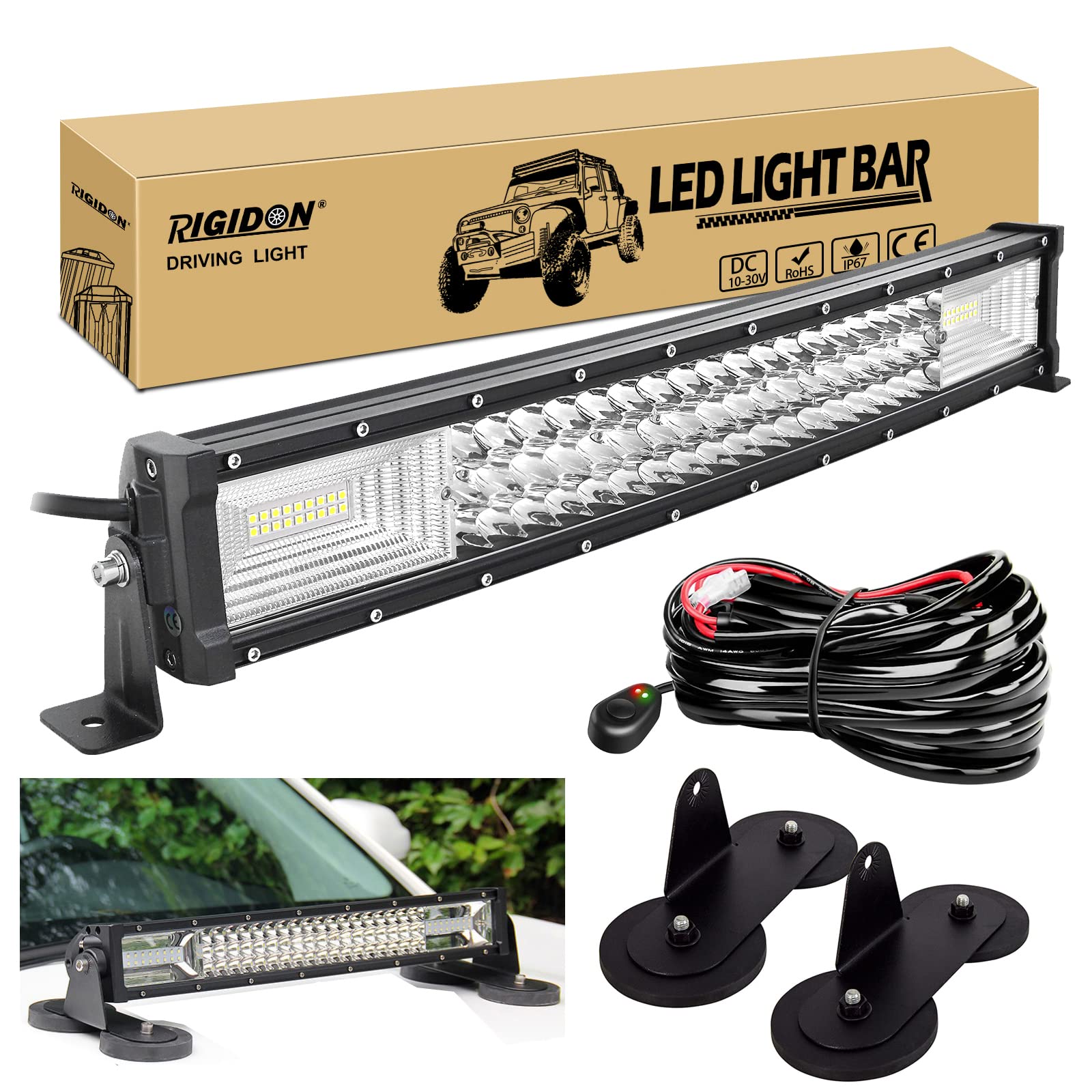 RIGIDON 22 Zoll 55cm 270W Gebogene led lampe, Dreireihige Led lichtleiste kfz mit 12v kabelbaum kit und magnet halterung,Offroad beleuchtung für Auto SUV ATV, UTV, LKW 4x4, Fahrzeuge, 6000K Weiß von RIGIDON