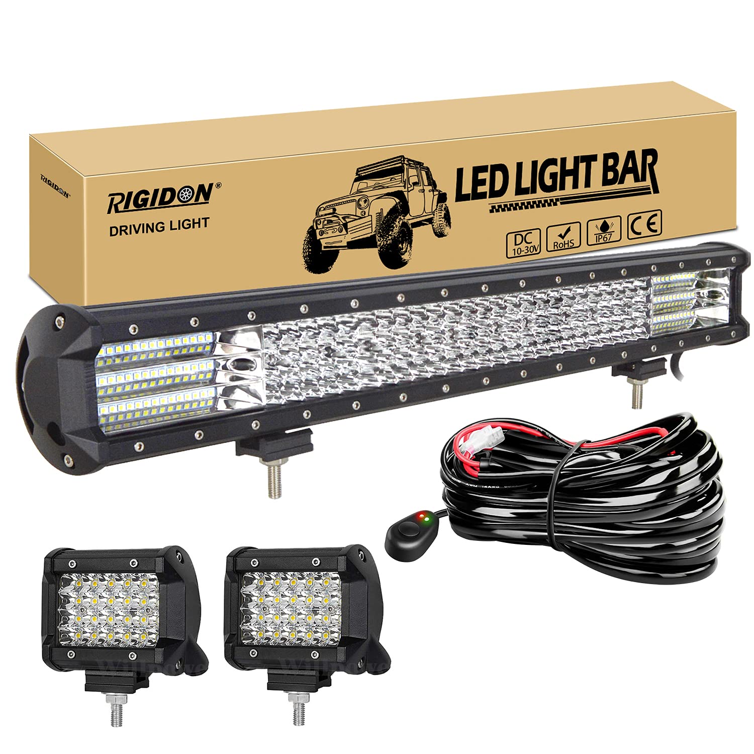 RIGIDON 23 Zoll 58 cm 570W led lichtbalken mit 12V kabelbaum und 2 pcs 4 zoll 60W außen strahler spot arbeitsscheinwerfer bar für SUV Offroad ATV Traktor LKW 4x4 kfz Auto, 6000K Weiß scheinwerfer von RIGIDON