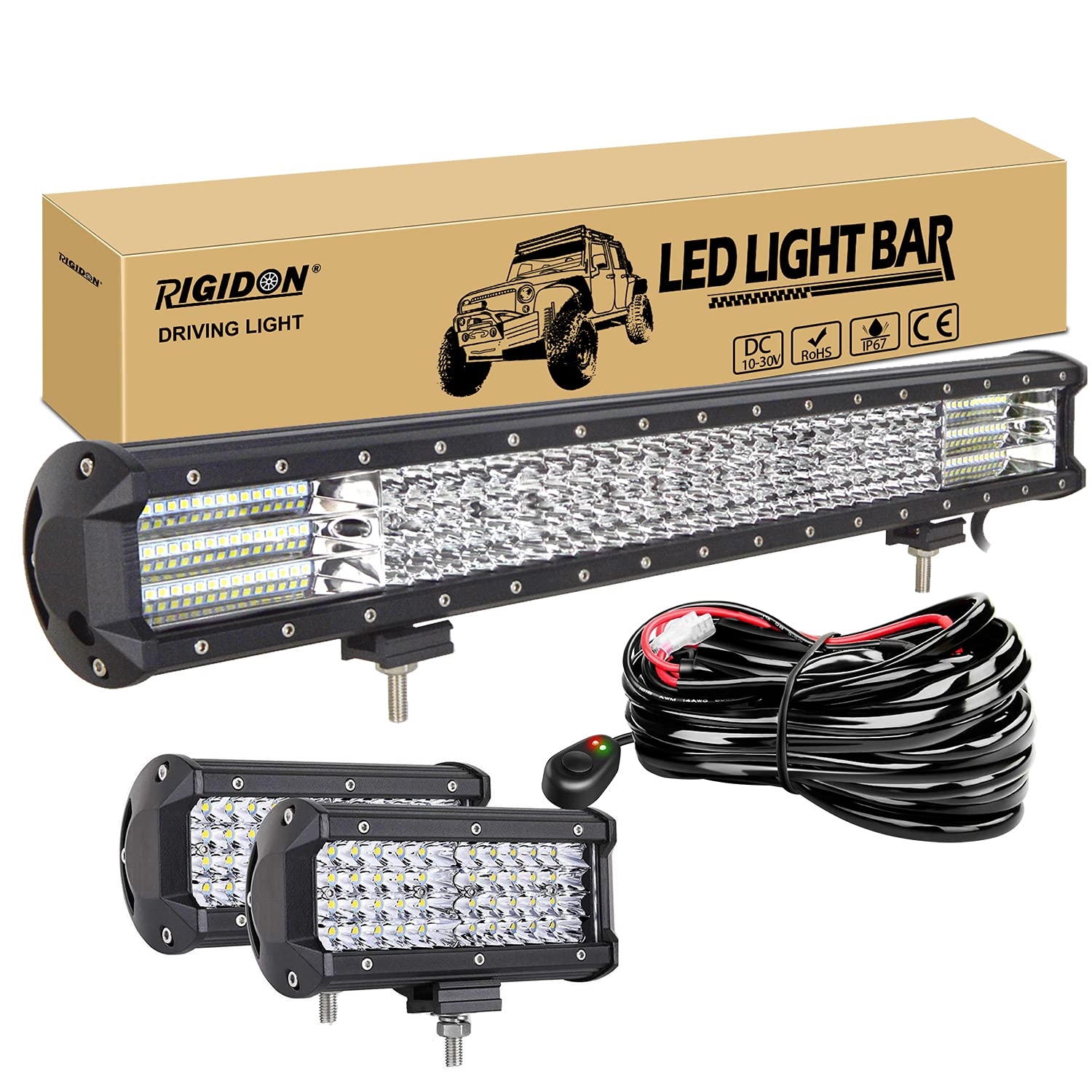 RIGIDON 23 Zoll 58 cm 570W led lichtbalken mit 12V kabelbaum und 2 pcs 7 zoll 120W außen strahler spot arbeitsscheinwerfer bar für SUV Offroad ATV Traktor LKW 4x4 kfz Auto, 6000K Weiß scheinwerfer von RIGIDON