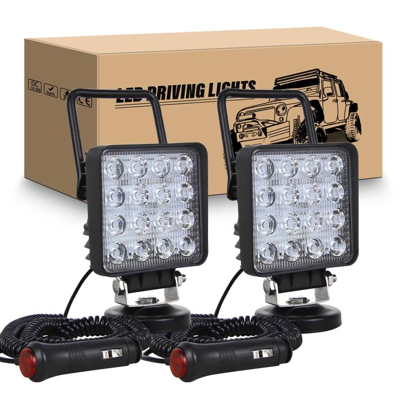 RIGIDON 2Pcs Led arbeitsscheinwerfer mit magnetfuß, 4 Zoll 48W led flutstrahler auto magnet 12V offroad beleuchtung für SUV ATV Traktor LKW 4x4 Boot,6000K Weiß suchscheinwerfer, arbeitslicht von RIGIDON