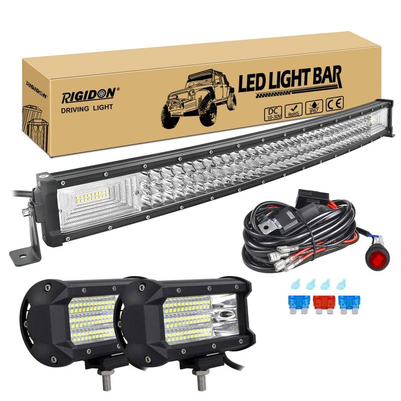 RIGIDON 32 Zoll 80 cm 405W gebogene led lichtleiste mit 12v kabelbaum kit, 2x 5 zoll 135W Flood led arbeitsscheinwerfer, Wasserdicht warmweiß offroad beleuchtung für Auto Offroad LKW KFZ Traktor 4x4 von RIGIDON