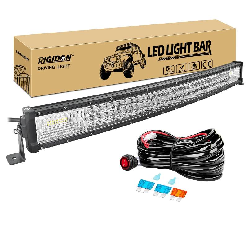 RIGIDON 32 Zoll 80 cm 405W gebogene led lichtleiste mit 12v kabelbaum kit, Wasserdicht warmweiß offroad beleuchtung für Auto Offroad ATV LKW KFZ Traktor Fahrzeuge 4x4, Slim led nebelscheinwerfer von RIGIDON