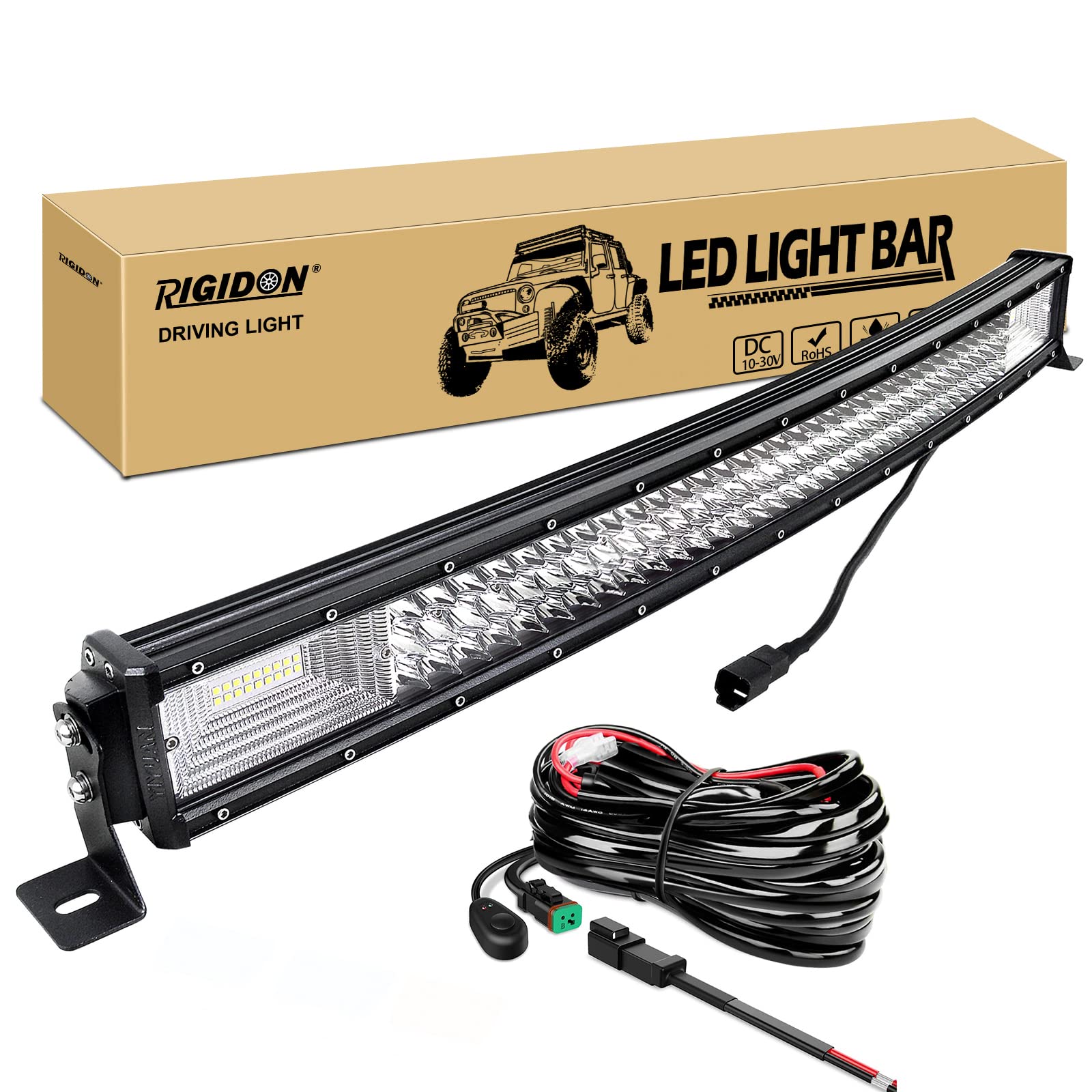 RIGIDON 32 Zoll 80cm 405W Wasserdicht gebogene Led lichtleiste kfz mit 12v kabelbaum kit, Dreireihige offroad beleuchtung für Auto SUV ATV, UTV, LKW 4x4, 6000K Weiß led nebelscheinwerfer led bar von RIGIDON