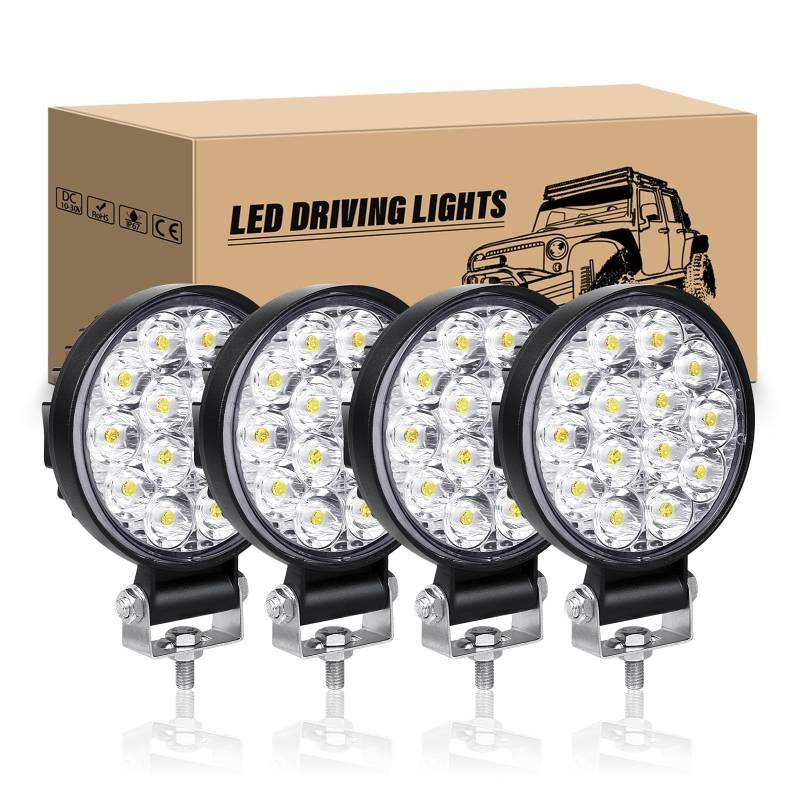 RIGIDON 4 Pcs LED Arbeitsscheinwerfer, 3.2 Zoll 42W Rund LED Scheinwerfer 12V 24V Mini Rückfahrscheinwerfer Auto Offroad Beleuchtung für SUV ATV Traktor LKW 4x4, 6000K Weiß Nebelscheinwerfer von RIGIDON