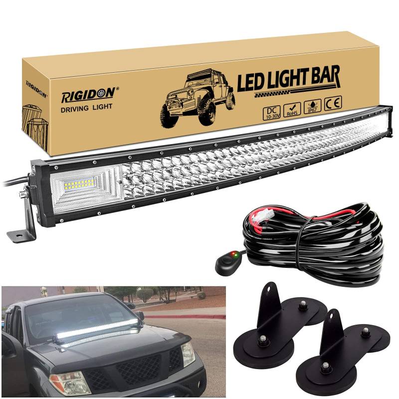 RIGIDON 42 Zoll 105cm 540W Gebogene led lampe, Dreireihige Led lichtleiste kfz mit 12v kabelbaum kit und magnet halterung,Offroad beleuchtung für Auto SUV ATV, UTV, LKW 4x4, Fahrzeuge, 6000K Weiß von RIGIDON