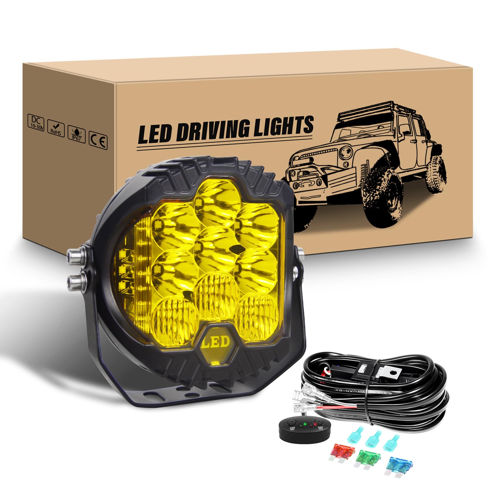 RIGIDON 5 Zoll 50W Rund LED Arbeitsscheinwerfer mit 12V kabelbaum kit, Offroad Beleuchtung Led Arbeitslicht Wasserdicht für Auto ATV LKW Traktor Fahrzeuge 4x4, 3000K Gelb led nebelscheinwerfer von RIGIDON