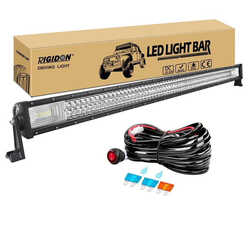 RIGIDON 50 Zoll 127 cm 648W außen alu led lichtleiste mit 12v kabelbaum kit, Wasserdicht warmweiß offroad beleuchtung für Auto Offroad ATV LKW KFZ Traktor Fahrzeuge 4x4, Slim led nebelscheinwerfer von RIGIDON