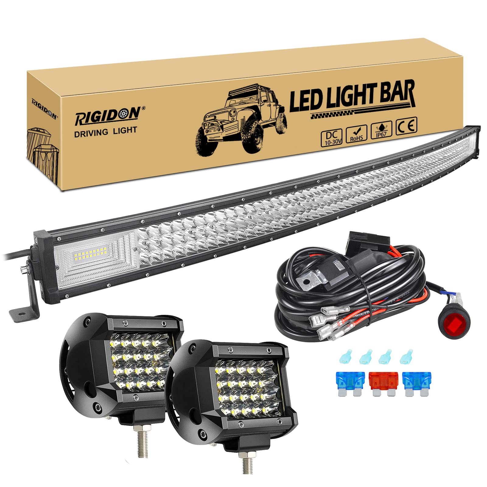 RIGIDON 50 Zoll 127 cm 648W gebogene led lichtleiste mit 12v kabelbaum kit, 2x 4 zoll spot led arbeitsscheinwerfer, Wasserdicht warmweiß offroad beleuchtung für Auto Offroad LKW KFZ Traktor 4x4, 6000K von RIGIDON