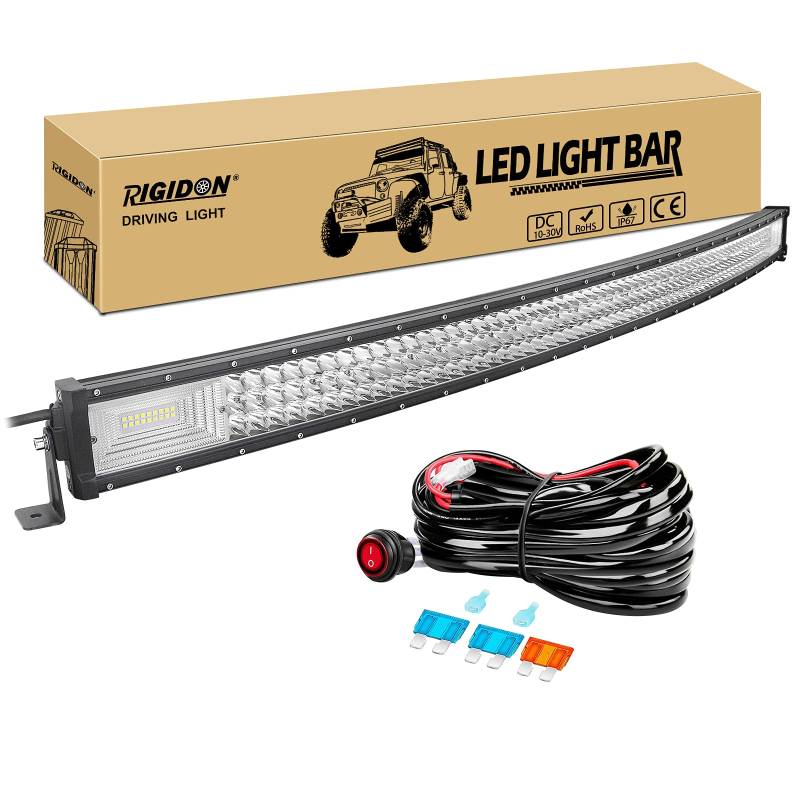 RIGIDON 50 Zoll 127 cm 648W gebogene led lichtleiste mit 12v kabelbaum kit, Wasserdicht warmweiß offroad beleuchtung für Auto Offroad ATV LKW KFZ Traktor Fahrzeuge 4x4, Slim led nebelscheinwerfer von RIGIDON