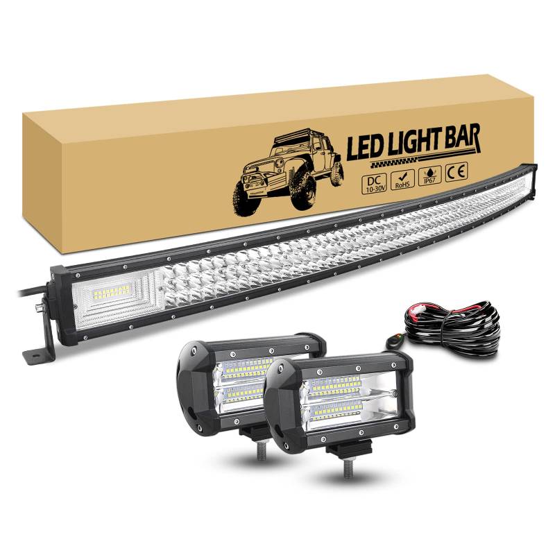 RIGIDON 50 zoll 127cm 648W gebogen led arbeitsscheinwerfer bar mit 12v kabelbaum kit, 2 x 13cm 72W led flutstrahler offroad beleuchtung, led lichtleiste kfz für auto lkw traktor 4x4 fahrzeuge von RIGIDON