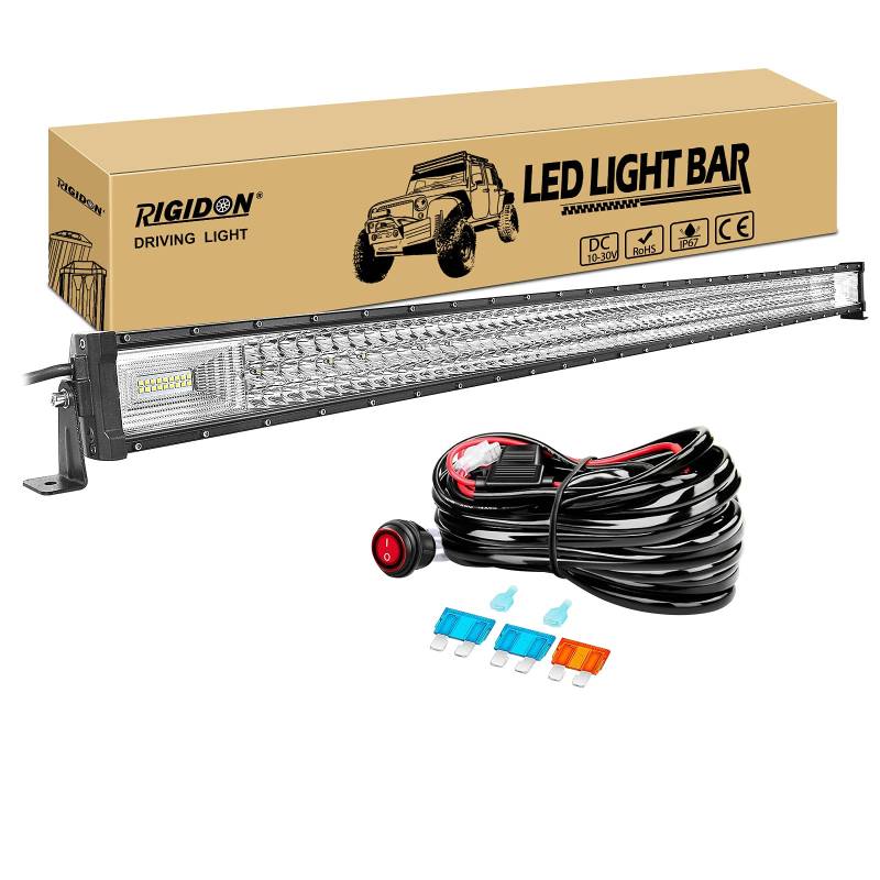 RIGIDON 52 Zoll 130 cm 675W außen alu led lichtleiste mit 12v kabelbaum kit, Wasserdicht warmweiß offroad beleuchtung für Auto Offroad ATV LKW KFZ Traktor Fahrzeuge 4x4, Slim led nebelscheinwerfer von RIGIDON