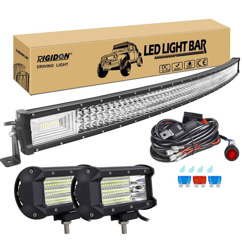 RIGIDON 52 Zoll 130 cm 675W gebogene led lichtleiste mit 12v kabelbaum kit, 2x 5 zoll 135W Flood led arbeitsscheinwerfer, Wasserdicht warmweiß offroad beleuchtung für Auto Offroad LKW KFZ Traktor 4x4 von RIGIDON