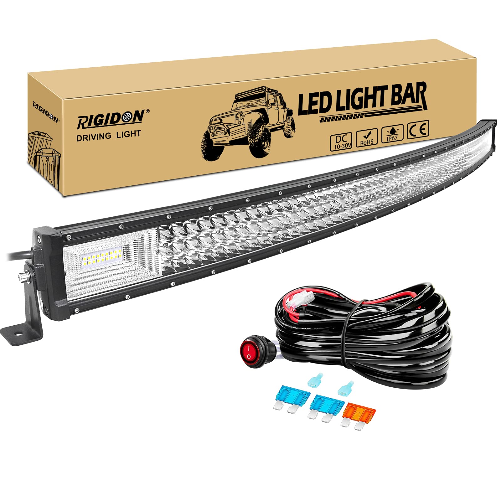 RIGIDON 52 Zoll 130 cm 675W gebogene led lichtleiste mit 12v kabelbaum kit, Wasserdicht warmweiß offroad beleuchtung für Auto Offroad ATV LKW KFZ Traktor Fahrzeuge 4x4, Slim led nebelscheinwerfer von RIGIDON