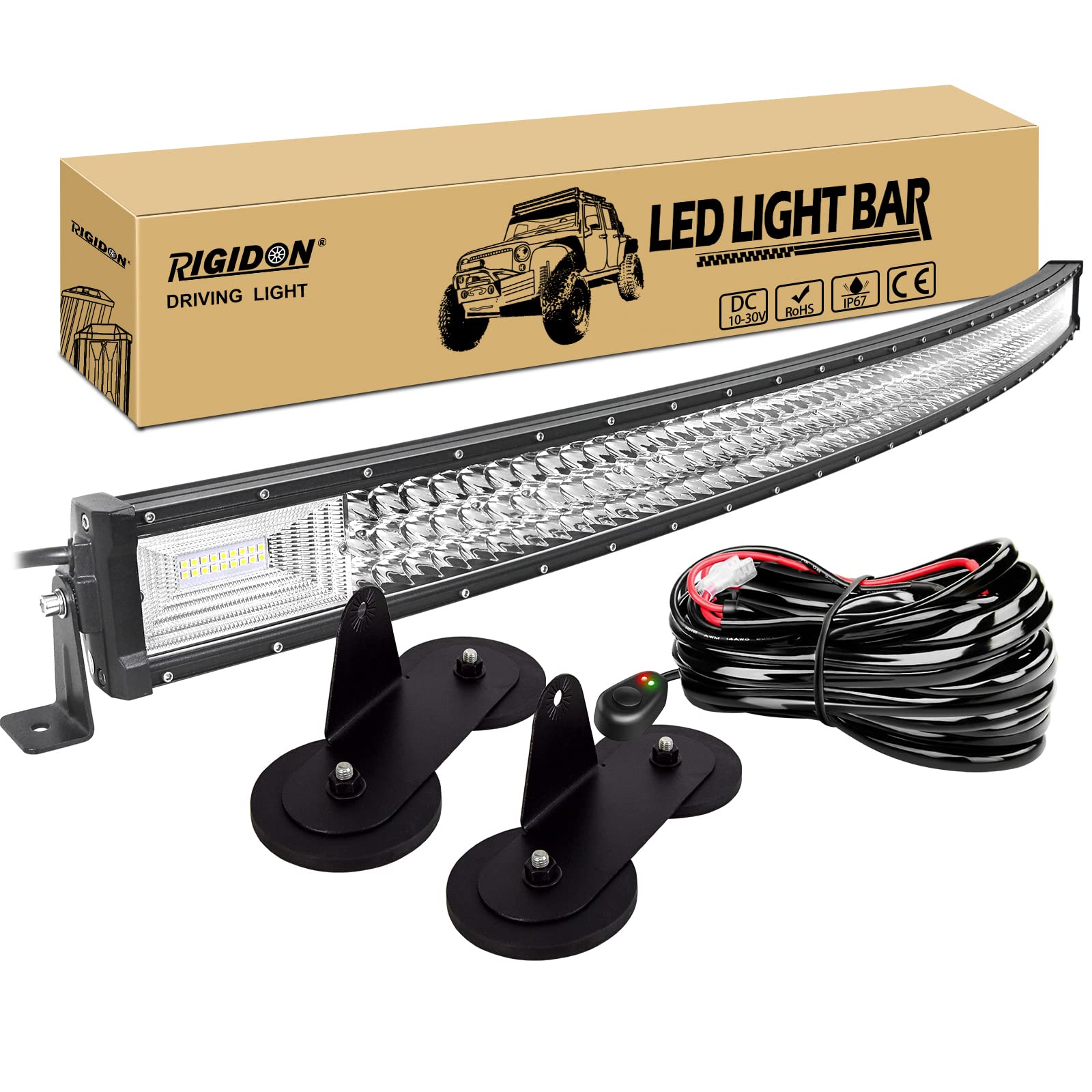 RIGIDON 52 Zoll 132cm 675W Gebogene led lampe, Dreireihige Led lichtleiste kfz mit 12v kabelbaum kit und magnet halterung,Offroad beleuchtung für Auto SUV ATV, UTV, LKW 4x4, Fahrzeuge, 6000K Weiß von RIGIDON