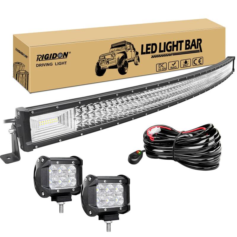 RIGIDON 52 Zoll 132cm 675W gebogene led lampe, Dreireihige Led lichtleiste kfz mit 12v kabelbaum kit, 2 pcs 4 zoll 18W flutstrahler, Offroad beleuchtung für Auto SUV ATV, UTV, LKW 4x4, Fahrzeuge von RIGIDON