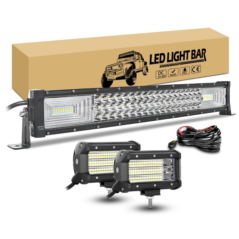 RIGIDON 56cm 22 Zoll 270W gebogen led lampe mit 12v kabelbaum kit, 2 x 13cm 135W led flutstrahler offroad beleuchtung, wasserdicht arbeitslichtleiste lightbar für auto kfz pkw lkw 4x4 fahrzeuge von RIGIDON