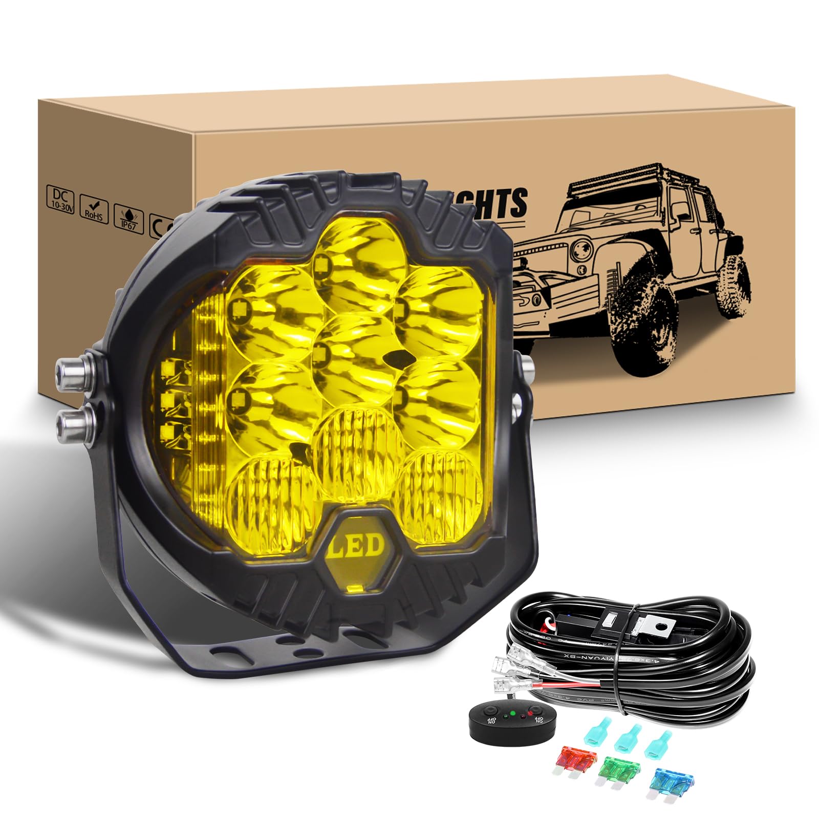 RIGIDON 7 Zoll 75W Rund LED Arbeitsscheinwerfer mit 12V kabelbaum kit, Offroad Beleuchtung Led Arbeitslicht Wasserdicht für Auto ATV LKW Traktor Fahrzeuge 4x4, 3000K Gelb led nebelscheinwerfer von RIGIDON