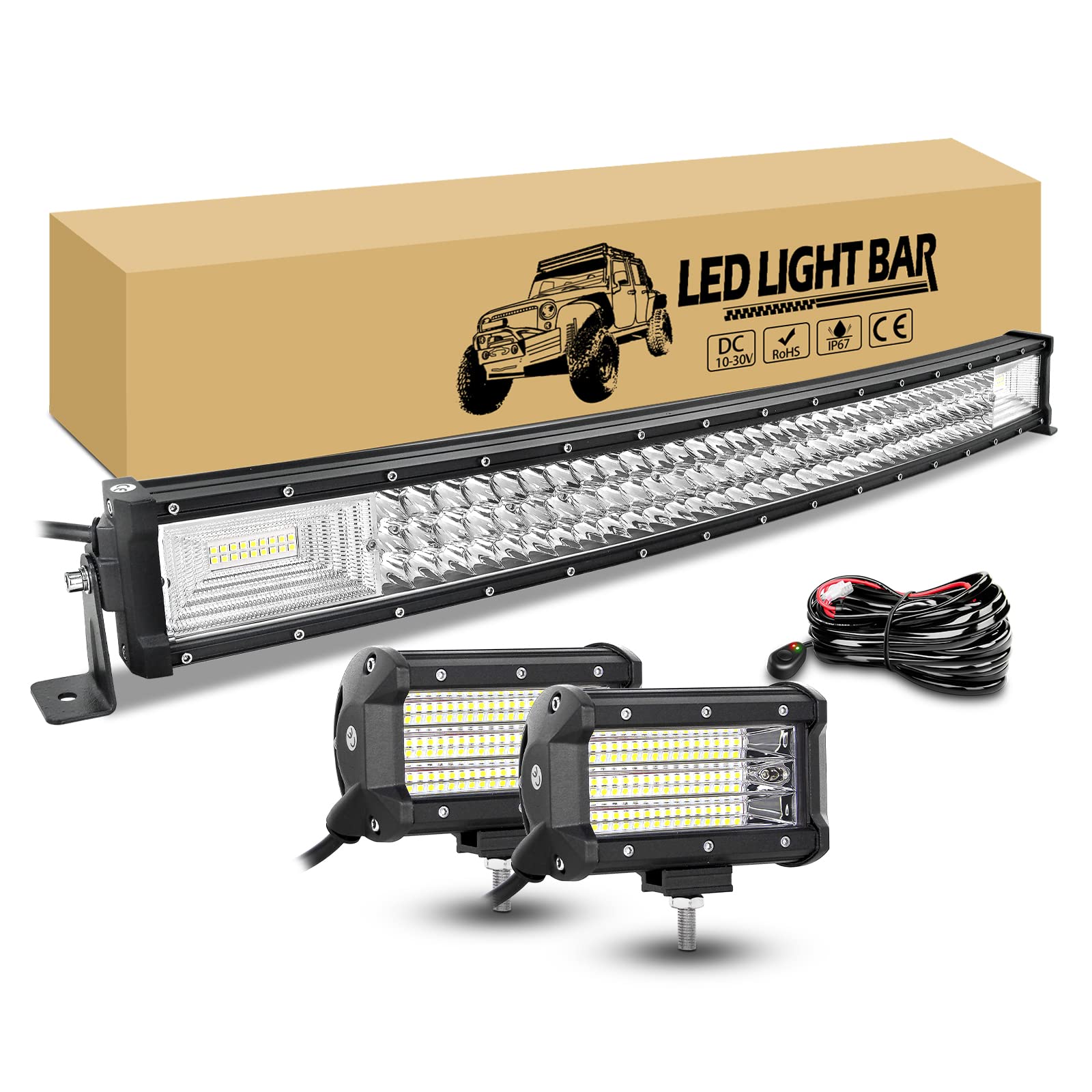 RIGIDON 81cm 32 Zoll 405W gebogen led Lampe mit 12v kabelbaum kit, 2 x 13cm 135W led flutstrahler Offroad Beleuchtung, wasserdicht arbeitslichtleiste lightbar für Auto kfz pkw LKW 4x4 Fahrzeuge von RIGIDON