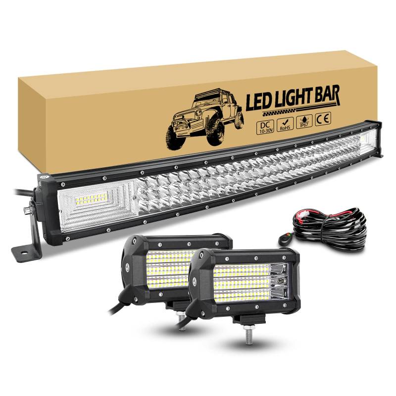 RIGIDON 81cm 32 Zoll 405W gebogen led lampe mit 12v kabelbaum kit, 2 x 13cm 135W led flutstrahler offroad beleuchtung, wasserdicht arbeitslichtleiste lightbar für auto kfz pkw lkw 4x4 fahrzeuge von RIGIDON