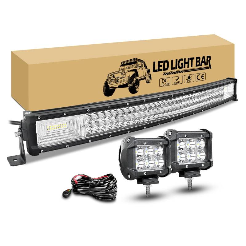 RIGIDON 81cm 405W led lichtleiste gebogen mit 12v kabelbaum kit, 2 pcs 10cm 18W led offroad scheinwerfer wasserdicht für auto lkw kfz traktor 4x4 fahrzeuge, 6000K weiß nebelscheinwerfer von RIGIDON