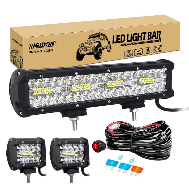 RIGIDON 8D 12 Zoll 30 cm 240W led lichtbalken mit 12V kabelbaum und 2 pcs 4 zoll 60W strahler spot arbeitsscheinwerfer bar für SUV Offroad ATV UTV Traktor LKW 4x4 Auto, 6000K Weiß led scheinwerfer von RIGIDON