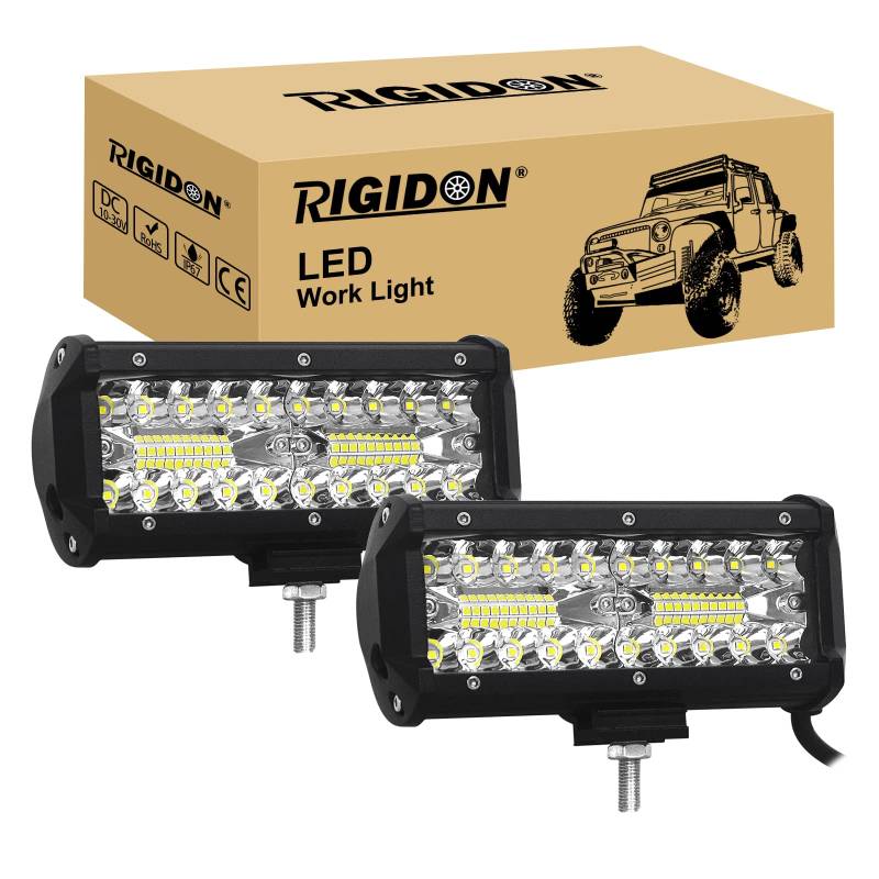 RIGIDON 8D 2 Stück 7 Zoll 18 cm 120W außen alu led lichtleiste, 12V 24V Wasserdicht warmweiß offroad beleuchtung für Auto SUV Offroad ATV LKW Traktor Fahrzeuge 4x4, Direkt led nebelscheinwerfer 6000K von RIGIDON