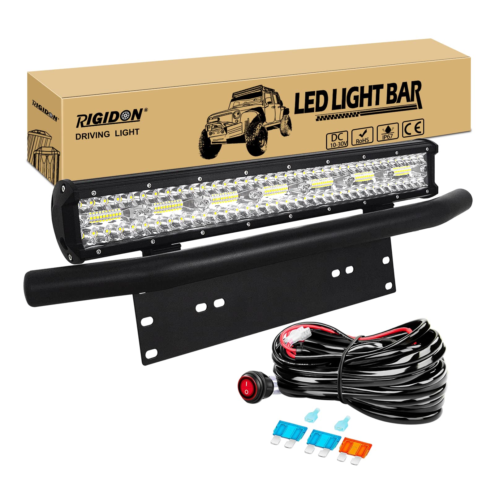 RIGIDON 8D 20 Zoll 50cm 420W Led lichtleiste mit 12V kabelbaum und kfz kennzeichenhalterung, Aussen offroad beleuchtung für Auto SUV ATV LKW KFZ 4x4 Fahrzeuge, 6000K Weiß led nebelscheinwerfer von RIGIDON