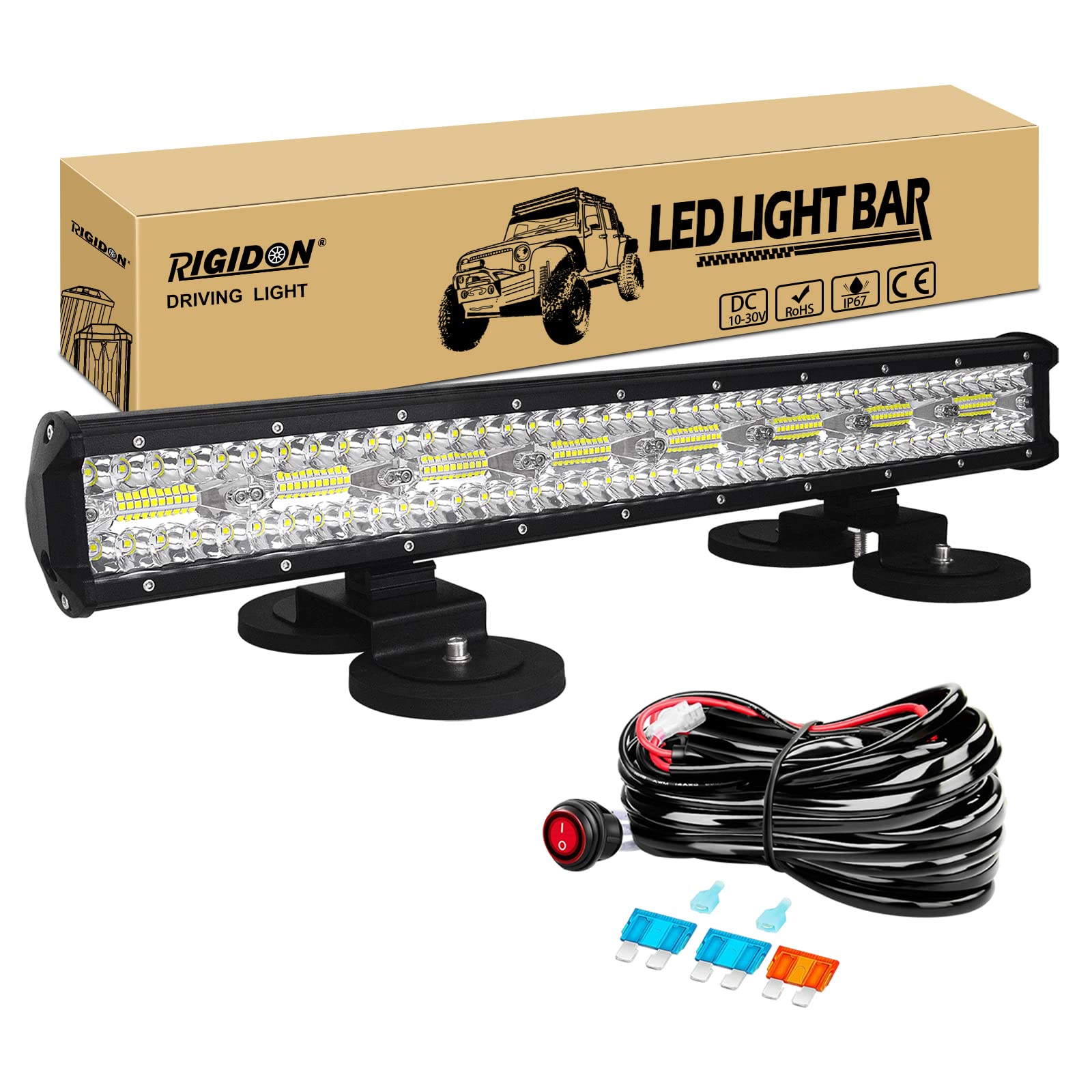 RIGIDON 8D 23 Zoll 58 cm 480W Led Lichtbalken Mit 12V Kabelbaum, Magnet halterungen, Offroad beleuchtung led arbeitsscheinwerfer bar für SUV ATV Traktor LKW 4x4 Auto, 6000K Weiß Nebelscheinwerfer von RIGIDON