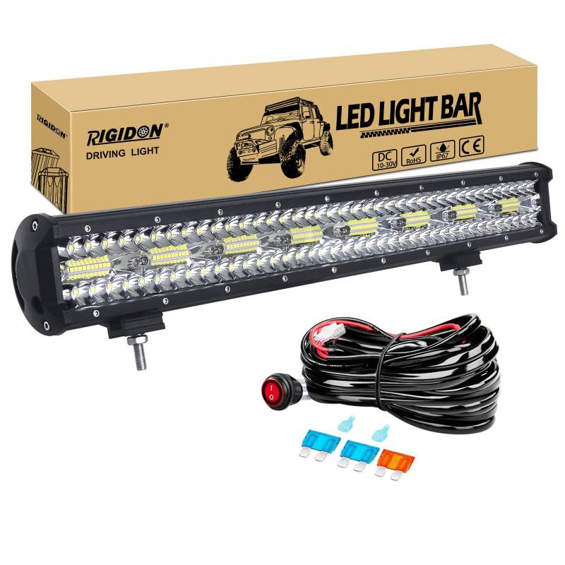 RIGIDON 8D 23 Zoll 58 cm 480W außen alu led lichtleiste mit 12V kabelbaum kit, Wasserdicht warmweiß offroad beleuchtung für Auto Offroad ATV LKW Traktor Fahrzeuge 4x4, Led nebelscheinwerfer 6000K von RIGIDON