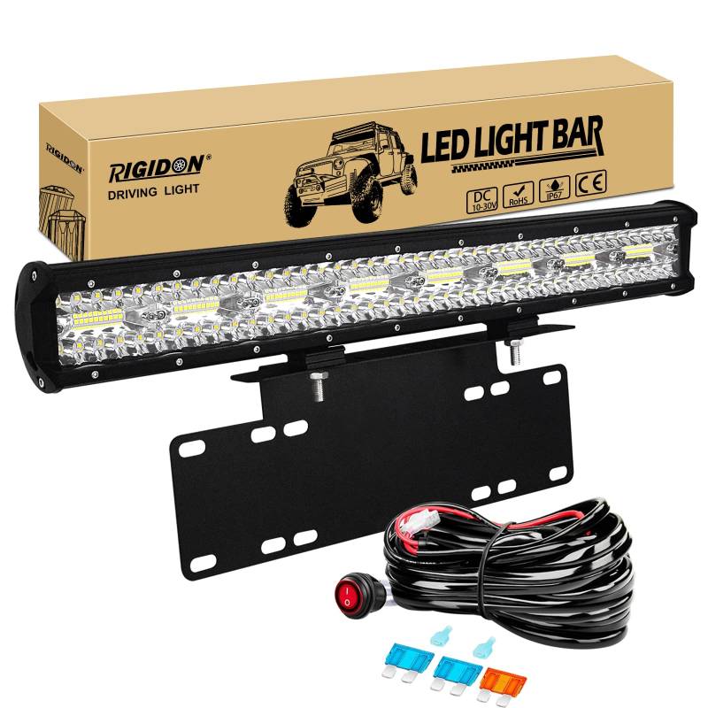 RIGIDON 8D 23 Zoll 58cm 480W Led lichtleiste mit 12V kabelbaum und kennzeichenhalterung schwarz, Offroad Beleuchtung für SUV Offroad ATV, LKW, 4X4 Auto Fahrzeuge, 6000K Weiß led nebelscheinwerfer von RIGIDON