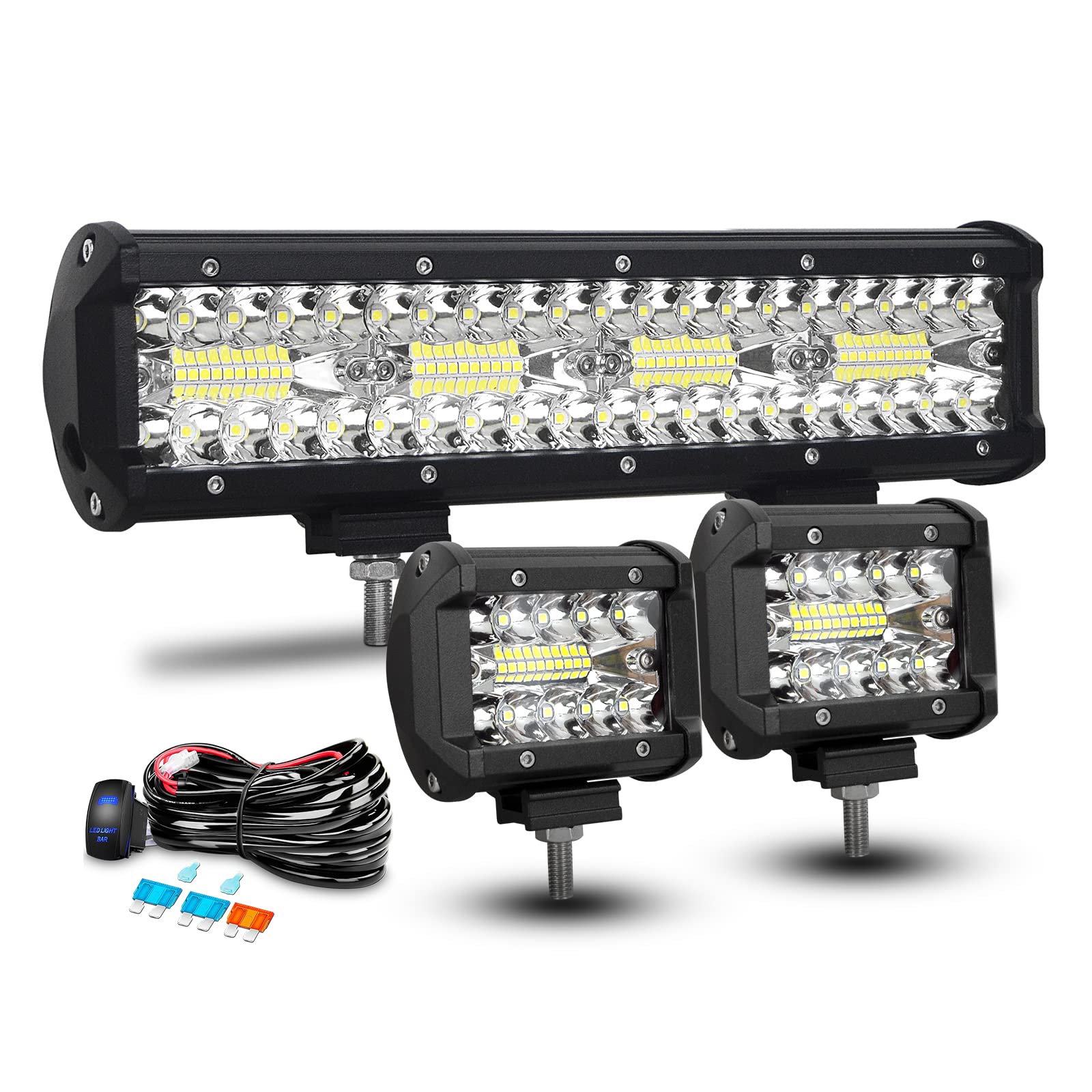 RIGIDON 8D 30cm 240W led lichtleiste mit 12V Kabelbaum kit, 2 x 10cm 60W Led Scheinwerfer Offroad Wasserdicht für 4x4 Auto SUV ATV UTV KFZ LKW Traktor Fahrzeuge, 6000K Weiß Nebelscheinwerfer von RIGIDON