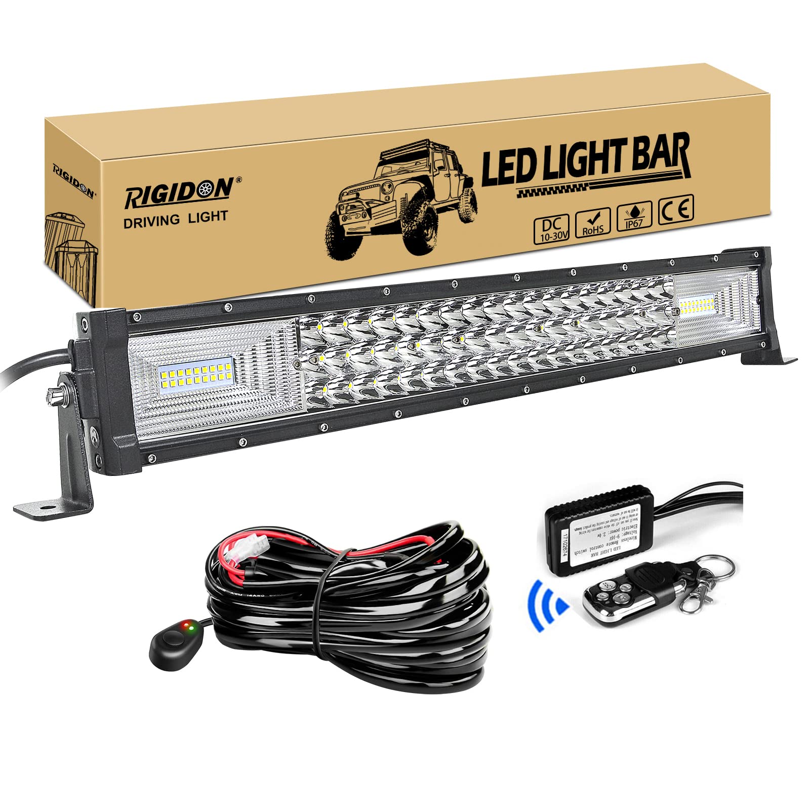 RIGIDON Dreireihige Led lichtleiste kfz mit 12v blitz kabelbaum kit, 22 Zoll 55cm 270W offroad beleuchtung Led bar für Auto SUV ATV, UTV, LKW 4x4, Fahrzeuge, 6000K Weiß draußen scheinwerfer lampe von RIGIDON